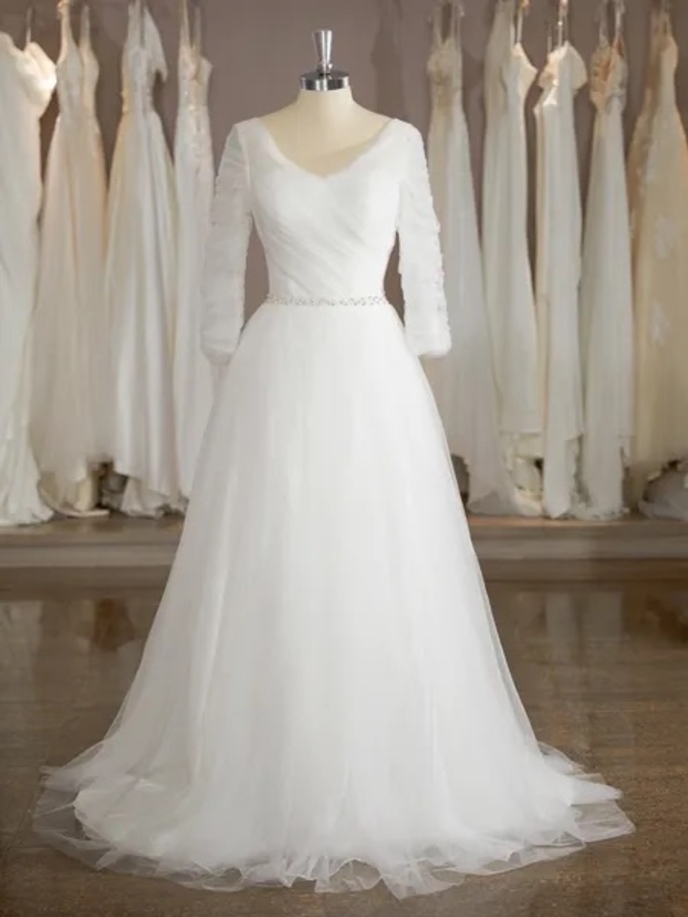 White 3/4 Sleeve Bridal A-Line Tulle Gown - Picture 3 of 6